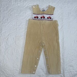 Little Follies Tan Cotton Embroidered Cars Corduroy Overalls Kids Size‎ 2 EUC
